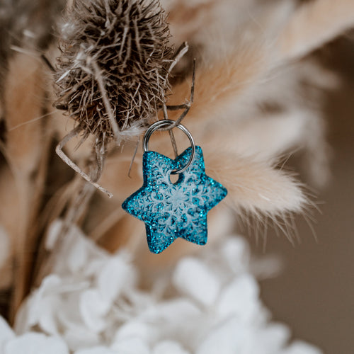 Glitzernde Weihnachtsmarke in Sternform mit Schneeflocken-Gravur aus Acryl von Dog's Hundemarke, dekoriert zwischen Trockenblumen